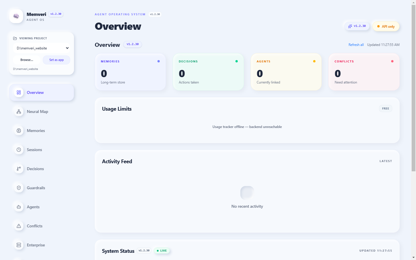 Memveri overview dashboard showing live memory, neural map, and API health